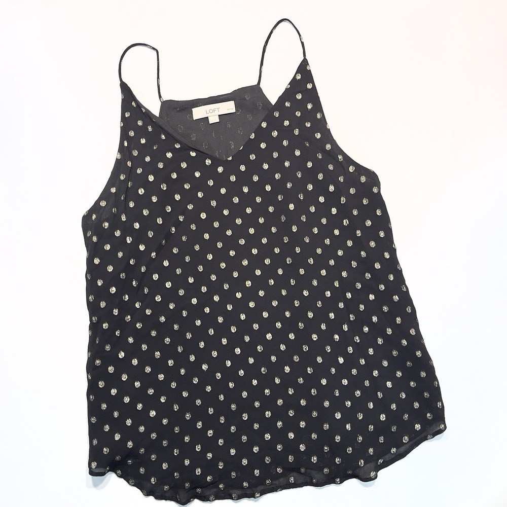 LOFT black Dressy Tank Gold Dots Spaghetti Straps‎ Large Petite